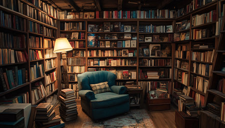 Bookshelves and armchair in the library. Vintage style.の素材