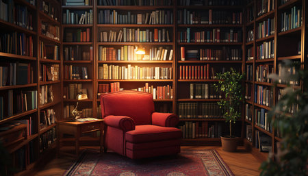 Comfortable armchair and bookshelf in the library. 3d renderingの素材