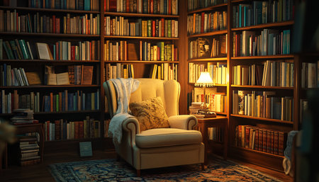 Comfortable armchair and bookshelf in library. Night timeの素材