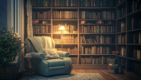 Comfortable armchair with pillows in the living room with bookshelf.の素材