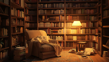 Bookshelves and armchair in a library. 3d renderingの素材