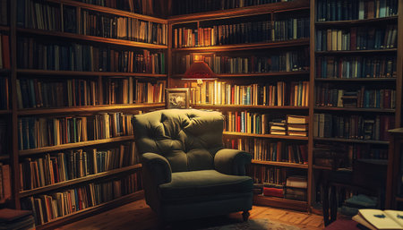 A man in an armchair in a library. Retro style.の素材