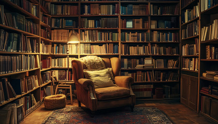 Bookshelf with books and armchair in an old library.の素材