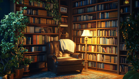 Bookshelf with books and armchair. 3d rendering.の素材