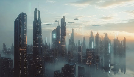 Futuristic city with skyscrapers and high-rise buildingsの素材