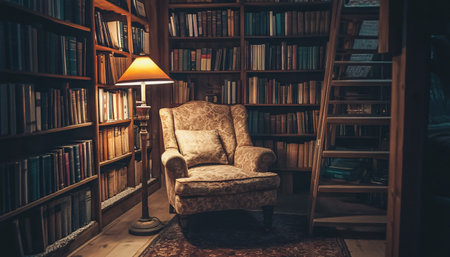 Comfortable armchair and bookshelf with books in the libraryの素材