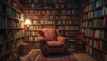Interior of an old library with bookshelf and armchairの素材