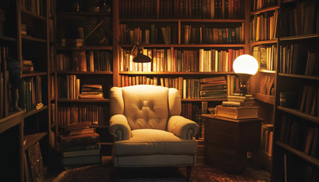 Luxury library interior with bookshelves, armchair and lampの素材