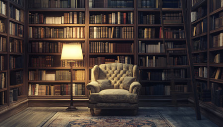 Luxury armchair and bookshelf in library. 3D renderingの素材