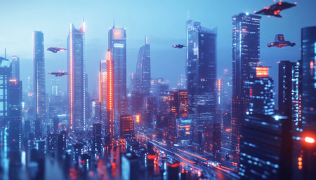 Futuristic city at night. 3d rendering toned image double exposureの素材