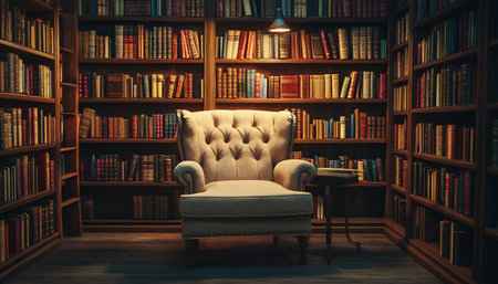 Comfortable armchair and bookshelf in the library. Vintage style.の素材
