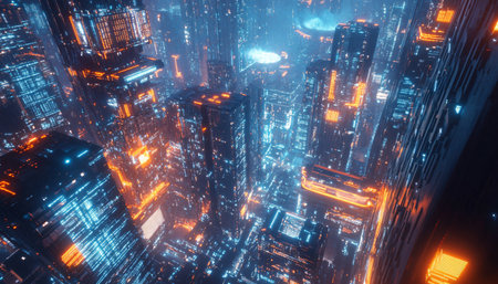 Futuristic city at night with neon lights. 3d renderingの素材