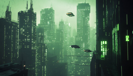 3d rendering of a futuristic city with neon lights and flying carsの素材