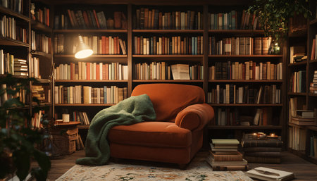 Comfortable armchair and bookshelf with books in dark roomの素材