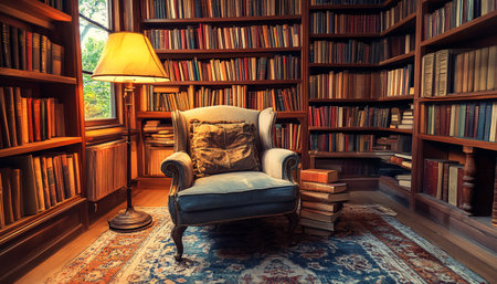 Comfortable armchair and bookshelf in library, vintage styleの素材