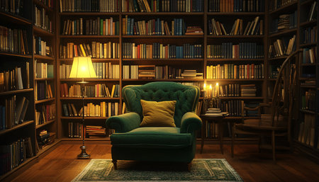 Comfortable green armchair with pillows in the library at nightの素材