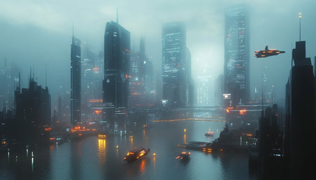 3d render of skyscrapers in a foggy city.の素材