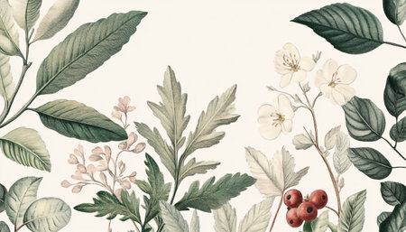 Vintage floral background with leaves, flowers and berries. Watercolor illustration.の素材