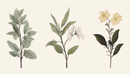 Set of hand drawn watercolor flowers and leaves. Vector illustration.の素材