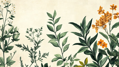 Vintage background with wild flowers and leaves. Hand drawn botanical illustration.の素材