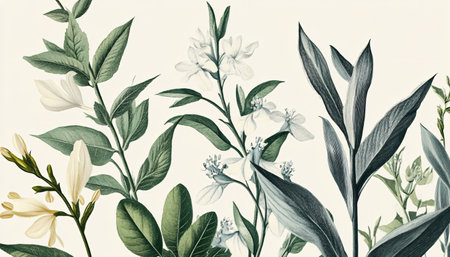 Seamless pattern with hand drawn white flowers and green leaves.の素材