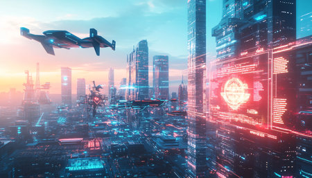 Futuristic flying drone over modern city at sunset. 3D Renderingの素材
