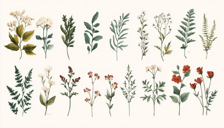 Set of hand drawn wildflowers and herbs. Vector illustration.の素材