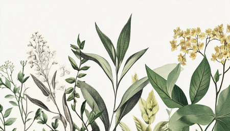 Watercolor drawing of wildflowers and leaves on white background.の素材