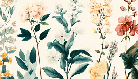 Seamless floral pattern with colorful flowers and leaves. Vintage backgroundの素材