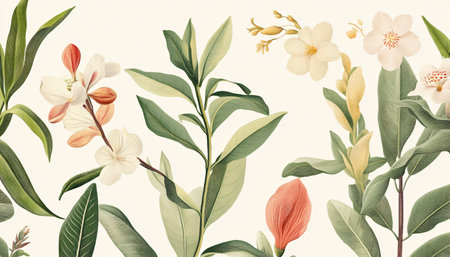 Seamless pattern with watercolor flowers and leaves. Hand-drawn illustration.の素材