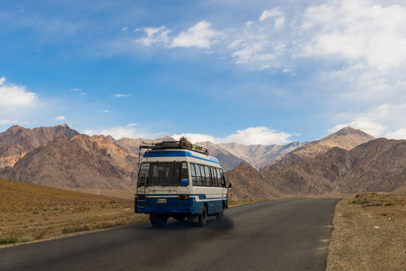 Bus on the high altitude Leh road to Lamayuru on Leh Ladakh, Indiaのeditorial素材