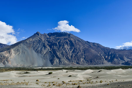 Mountain with blue sky at Nubra Valley in Ladakh, India.の写真素材