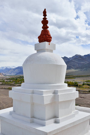 Buddhist white stupa in Leh, Ladakh, India. Close upの写真素材