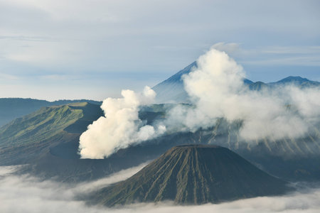 Sunrise at Mount Bromo volcano, Mt. Bromo located in Bromo Tengger Semeru National Park, East Java, Indonesia.の写真素材