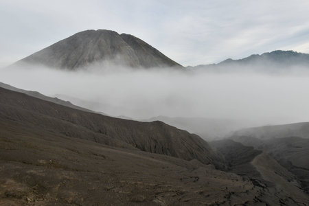 Layer Volcanic ash as sand ground of Mount Bromo volcano the magnificent view of Mt. Bromo located in Bromo Tengger Semeru National Park, East Java, Indonesia.の写真素材