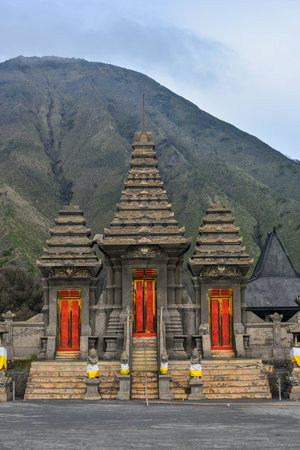 Hindu temple (Pura Luhur Poten) at the foot of Mount Bromo, Java island, Indonesiaの写真素材