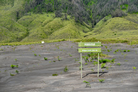 Warning signs in Bahasa Melayu language. It means All Vehecle prohibited in English. Bromo Tengger Semeru National Park, East Java, Indonesiaの写真素材