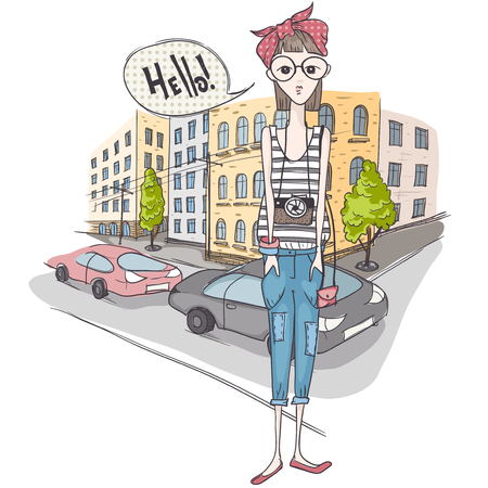 Hipster Girl With a Cameraのイラスト素材