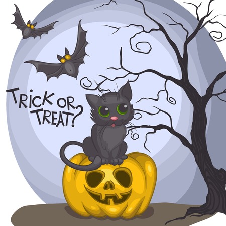 Halloween Background With Pumpkins, Moon And Catのイラスト素材