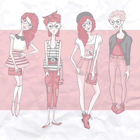 Young Fashion Girls, Hipster Style, Eps 10 Vector Illustrationのイラスト素材