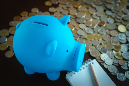 piggy bank with money coin in backgroundの写真素材