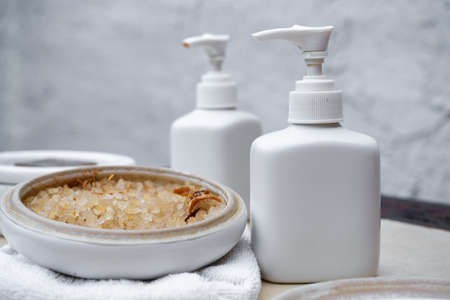 Equipment and herb for spa treatment on the tableの写真素材