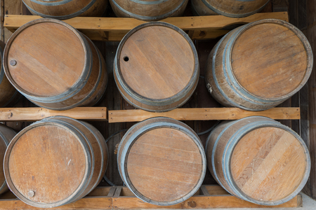 Wooden barrel or oak barrel shown in outdoorの写真素材