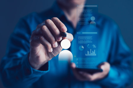 Businessman interacting with virtual candidate profile and digital performance dashboard, HR analytics, digital recruitment, candidate scoring, employee evaluation, hiring decisionの写真素材