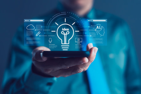 Businessman holding smartphone with glowing light bulb, AI brain, cloud, education icons, innovation, online learning, cloud computing, artificial intelligence, smart ideas, digital solutionsの写真素材
