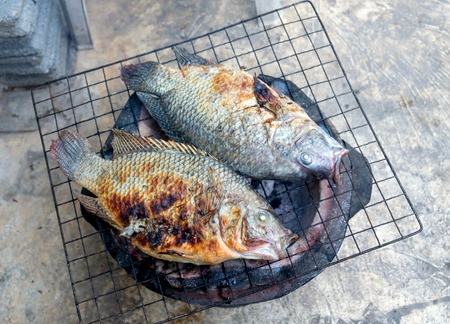 big grill fish on hot stove, cooking foodの写真素材