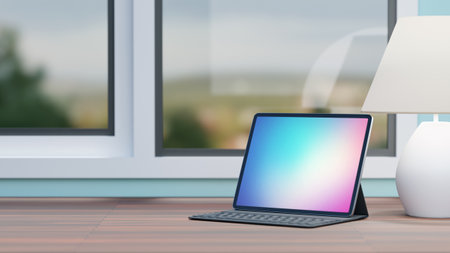 Big screen tablet with case keyboard and white lamp placed on wood table and wondows background. 3D rendering image.の写真素材