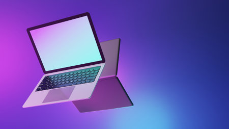 Two Laptop computers show blank screen with pink purple and blue light background. 3D Illustration imageの写真素材