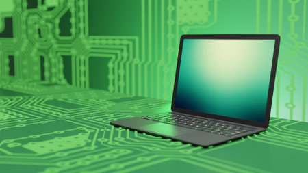 Black laptop computer with green screen on electronic circuit board blur background. 3D Illustration imageの写真素材