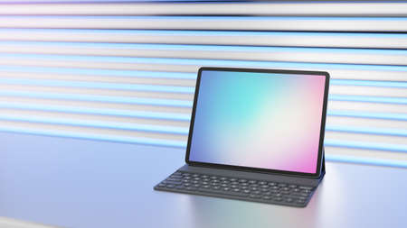 Big tablet with keyboard placed on table and light background. 3D rendering image.
